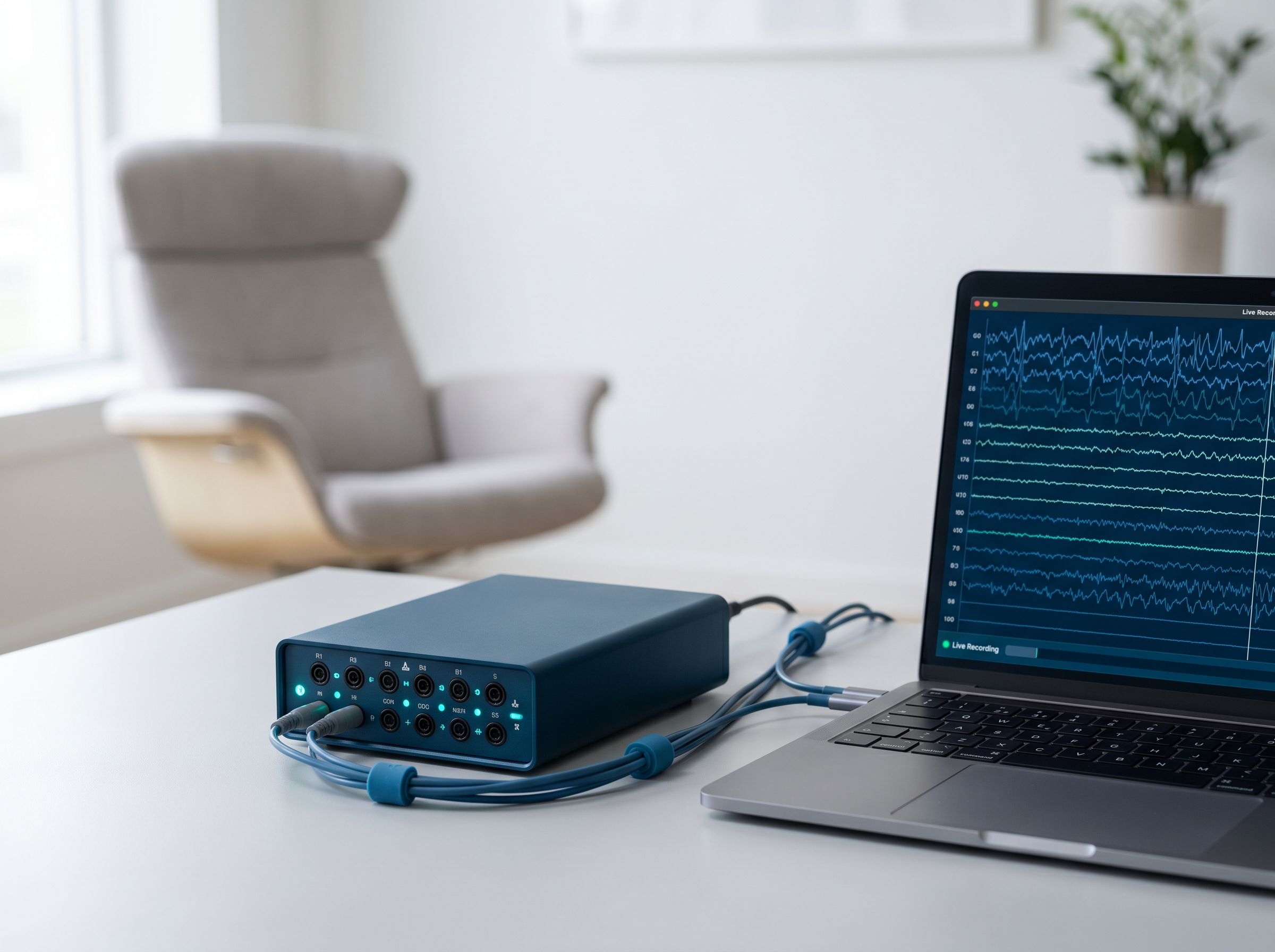 Perangkat amplifier EEG dan laptop menampilkan rekaman gelombang otak untuk neurofeedback