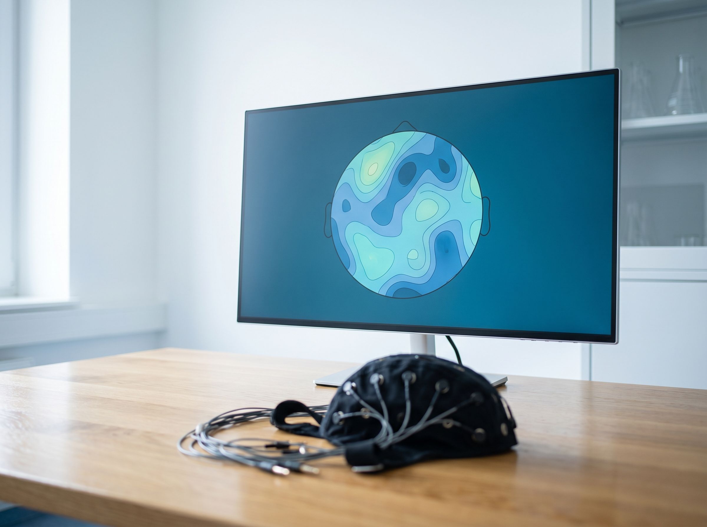 Layar monitor menampilkan peta topografik aktivitas otak QEEG di samping cap elektroda