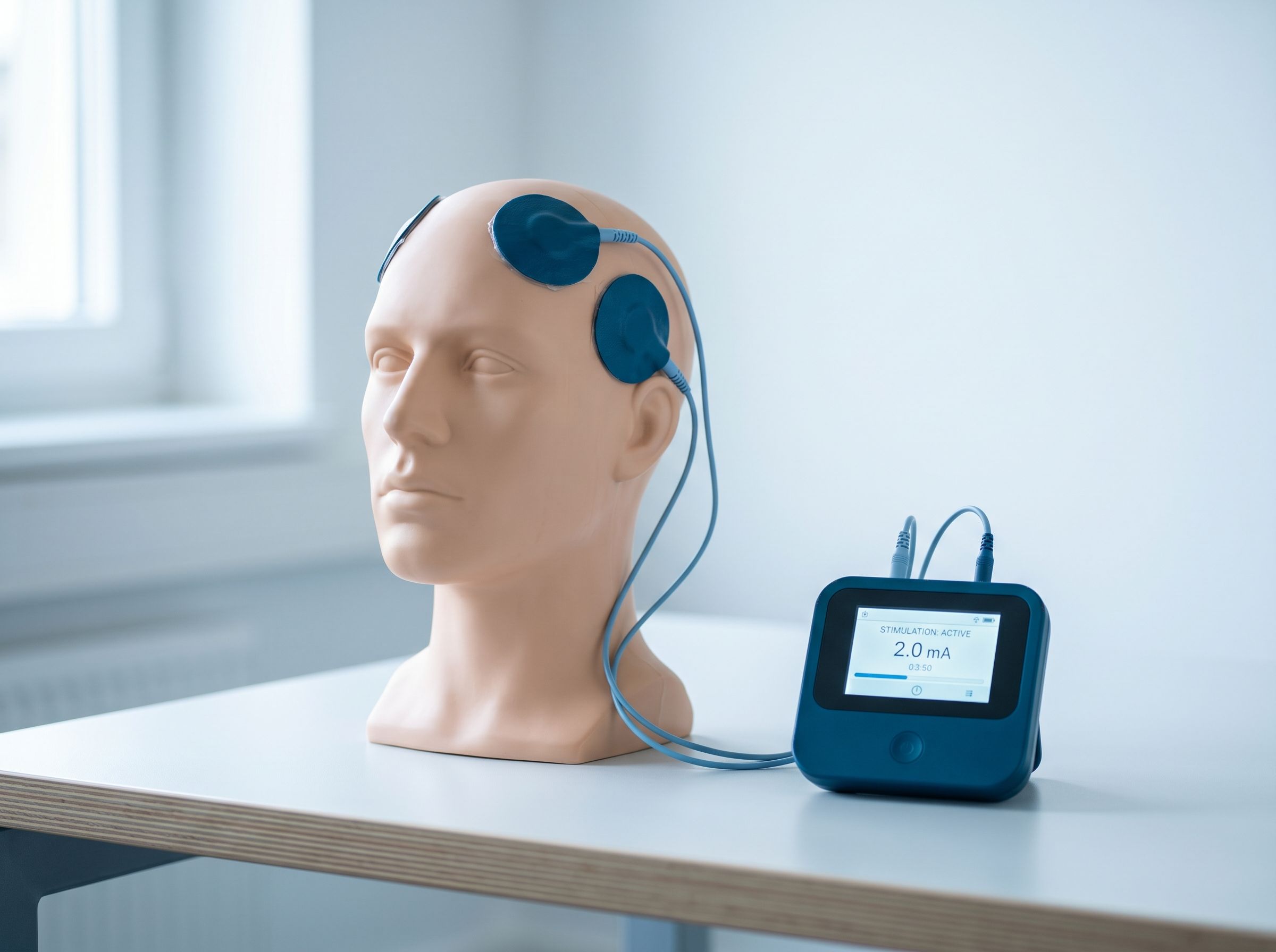 Model anatomi kepala dengan elektroda stimulasi listrik transkranial dan perangkat stimulator
