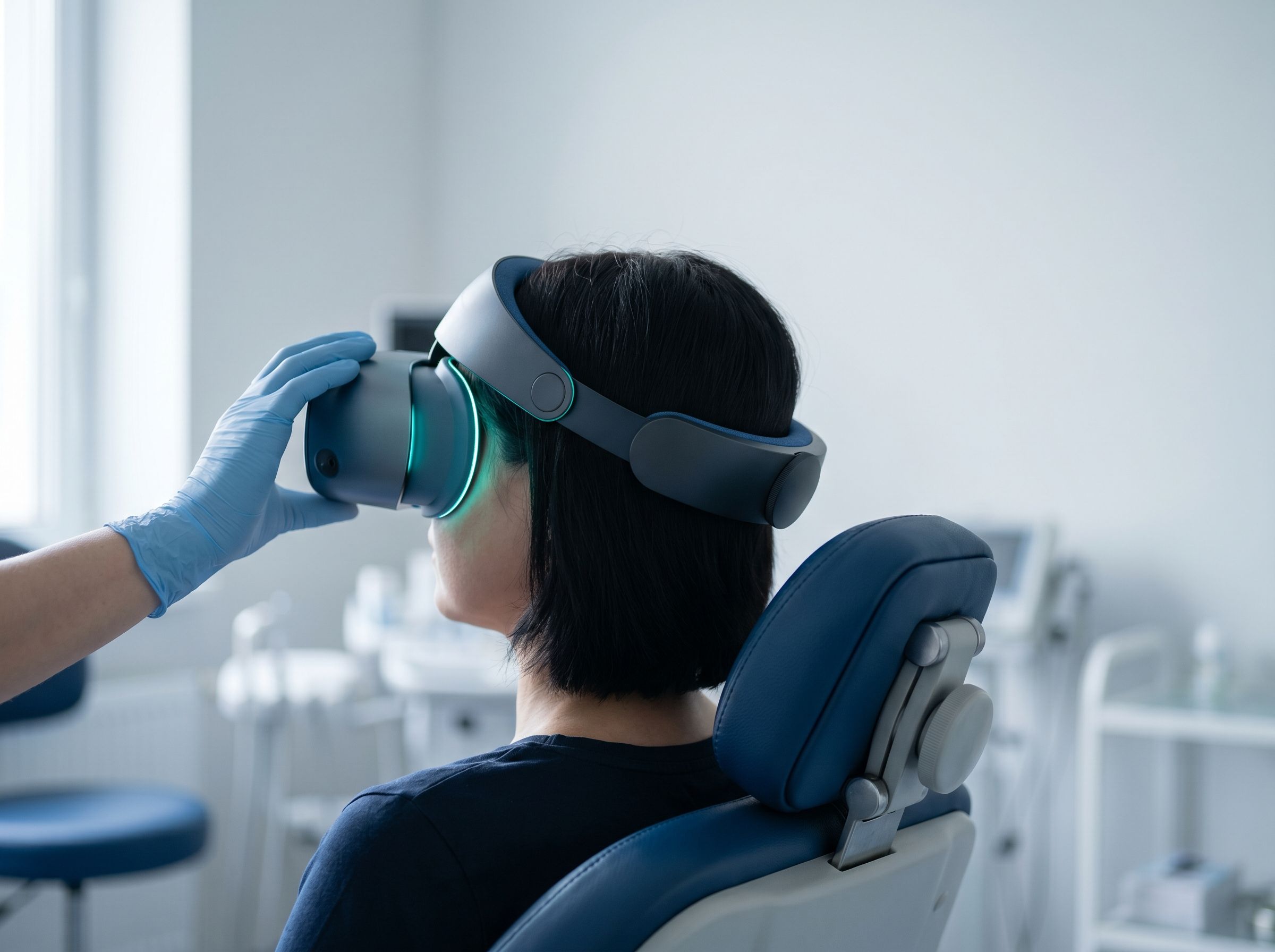 Pasien duduk di kursi terapi memakai headset VR untuk rehabilitasi neurologis — tampilan dari belakang